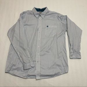 Cinch Men's Tencel Teal and Khaki Striped Button Down Western Shirt - Size: XL